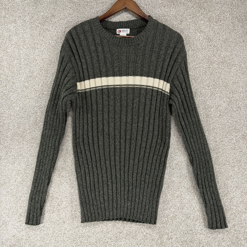 Bke 67 Ribbed Pullover Sweater L Y2K Skater‎ Retro Green/ Cream Stripe Stretch